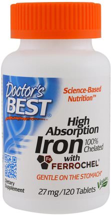 High Absorption Iron With Ferrochel, 27 mg, 120 Tablets by Doctors Best, 補品，礦物質，鐵 HK 香港