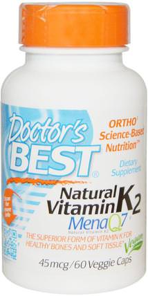 Natural Vitamin K2 MK7, with Mena Q7, 45 mcg, 60 Veggie Caps by Doctors Best, 維生素，維生素K，骨骼，骨質疏鬆症 HK 香港