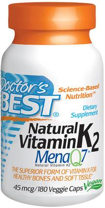 Natural Vitamin K2 MK7, with Mena Q7, 45 mcg, 180 Veggie Caps by Doctors Best, 維生素，維生素K，骨骼，骨質疏鬆症 HK 香港