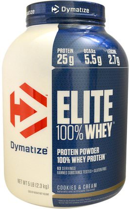 Elite 100% Whey Protein Powder, Cookies & Cream, 5 lbs (2.3 kg) by Dymatize Nutrition, 運動，肌肉 HK 香港