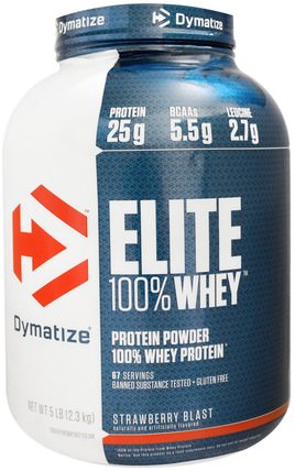 Elite 100% Whey Protein Powder, Strawberry Blast, 5 lbs (2.3 kg) by Dymatize Nutrition, 運動，肌肉 HK 香港