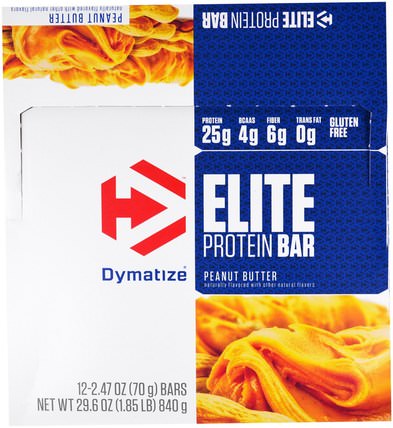 Elite Protein Bar, Peanut Butter, 12 Bars, 2.47 oz (70 g) by Dymatize Nutrition, 運動，蛋白質棒，肌肉 HK 香港