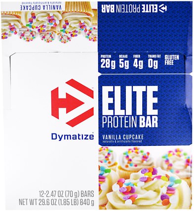 Elite Protein Bar, Vanilla Cupcake, 12 Bars, 2.47 oz (70 g) Each by Dymatize Nutrition, 補充劑，蛋白質，運動蛋白質，運動，蛋白質棒 HK 香港