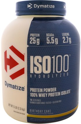 ISO 100 Hydrolyzed 100% Whey Protein Isolate, Birthday Cake, 5 lb (2.3 kg) by Dymatize Nutrition, 補充劑，乳清蛋白 HK 香港