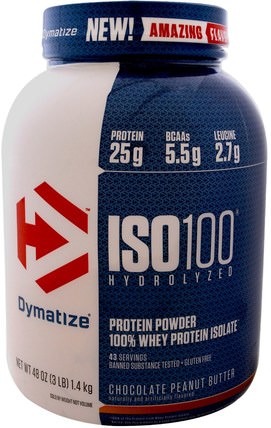 ISO 100 Hydrolyzed, 100% Whey Protein Isolate, Chocolate Peanut Butter, 3 lb (1.4 kg) by Dymatize Nutrition, 運動，補品，乳清蛋白 HK 香港