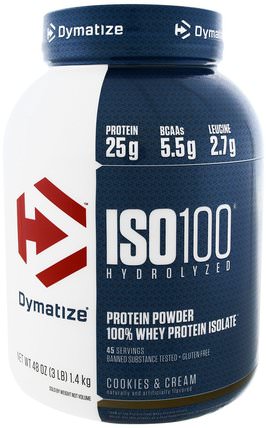 ISO 100 Hydrolyzed 100% Whey Protein Isolate, Cookies & Cream, 3 lbs (1.36 kg) by Dymatize Nutrition, 補充劑，乳清蛋白 HK 香港
