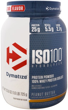 ISO 100 Hydrolyzed, 100% Whey Protein Isolate, Peanut Butter, 25.6 oz (725 g) by Dymatize Nutrition, 運動，補品，乳清蛋白 HK 香港
