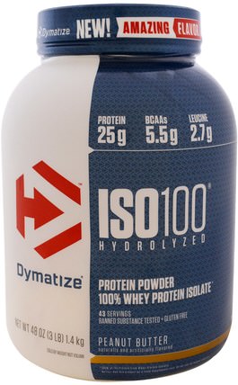 ISO 100 Hydrolyzed, 100% Whey Protein Isolate, Peanut Butter, 48 oz (1.4 kg) by Dymatize Nutrition, 運動，補品，乳清蛋白 HK 香港