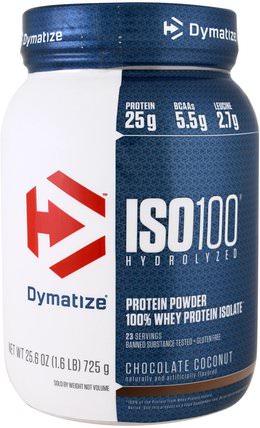 ISO 100, Hydrolyzed, 100% Whey Protein Isolate Powder, Chocolate Coconut, 25.6 oz (725 g) by Dymatize Nutrition, 運動，補品，乳清蛋白 HK 香港