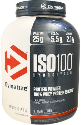ISO100 Hydrolyzed, 100% Whey Protein Isolate, Strawberry, 5 lbs (2.3 kg) by Dymatize Nutrition, 補充劑，乳清蛋白，鍛煉 HK 香港