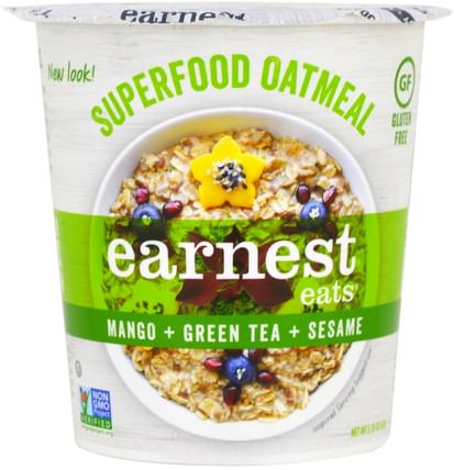 SuperFood Oatmeal Cup, Mango + Green Tea + Sesame, Asia Blend, 2.35 oz (67 g) by Earnest Eats, 食品，食品，燕麥燕麥片 HK 香港