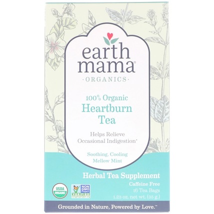 Organic Heartburn Tea, Soothing Mellow Mint, Caffeine Free, 16 Tea Bags, 1.23 oz (35 g) by Earth Mama Angel Baby, 兒童健康，嬰兒餵養，懷孕，母乳喂養 HK 香港
