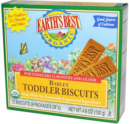 Organic Toddler Biscuits, Barley, 12 Biscuits (6 Packages of 2) by Earths Best, 兒童健康，嬰兒餵養，嬰兒零食和手指食品，出牙餅乾餅乾，兒童食品 HK 香港