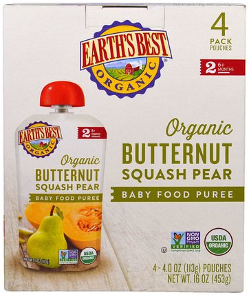 Organic Butternut Squash Pear, Baby Food Puree, 6+ Months, 4 Pouches, 4.0 oz (113 g) Each by Earths Best, 兒童健康，兒童食品 HK 香港