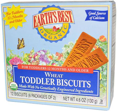 Organic Toddler Biscuits, Wheat, 12 Biscuits, 4.6 oz (130 g) by Earths Best, 兒童健康，嬰兒餵養，嬰兒零食和手指食品，出牙餅乾餅乾，兒童食品 HK 香港