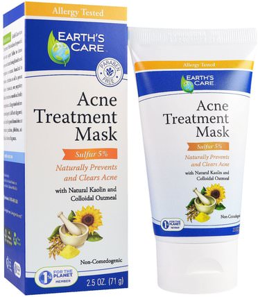 Acne Treatment Mask, Sulfur 5%, 2.5 oz (71 g) by Earths Care, 美容，面膜，粉刺，瑕疵面膜，健康，痤瘡，皮膚類型的粉刺容易皮膚 HK 香港