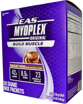 Myoplex, Original Shake Mix, Chocolate Cream, 20 Packets, 2.7 oz (78 g) Each by EAS, 運動，肌肉，蛋白質奶昔 HK 香港