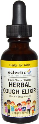 Herbs For Kids, Herbal Cough Elixir, Black Cherry Flavored, 1 fl oz (30 ml) by Eclectic Institute, 兒童健康，感冒感冒咳嗽，兒童草藥 HK 香港