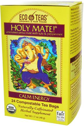 Holy Mate!, Calm Energy, Unsmoked Yerba Mate With Tulsi & Peppermint, 24 Tea Bags, 1.7 oz (48 g) by Eco Teas, 食物，涼茶，馬黛茶，塔爾西茶 HK 香港