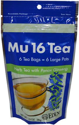 Mu 16 Tea, with Panax Ginseng, 6 Tea Bags, 1.3 oz (38 g) by Eden Foods, 補充劑，adaptogen，涼茶 HK 香港