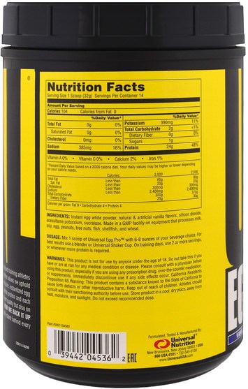 蛋清蛋白，補充劑，乳清蛋白 - Universal Nutrition, Egg Pro, Instantized Egg White Powder, Vanilla, 1 lb (454 g)