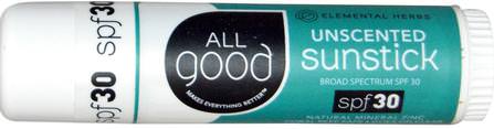 Sunstick, SPF 30, Unscented, 0.6 oz by All Good Products, 洗澡，美容，防曬霜，spf 30-45，兒童和嬰兒防曬霜 HK 香港