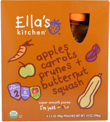 Apples, Carrots, Prunes and Butternut Squash, Stage 2, 4 Pouches, 14 oz (396 g) Each by Ellas Kitchen, 兒童健康，兒童食品 HK 香港