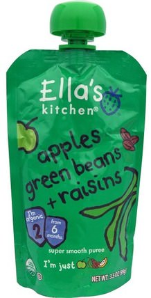 Apples Green Beans + Raisins, Super Smooth Puree, 3.5 oz (99 g) by Ellas Kitchen, 兒童健康，兒童食品，嬰兒餵養，食物 HK 香港