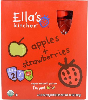 Apples, Strawberries, Super Smooth Puree, Stage 2, 4 Pouches, 3.5 oz (99 g) Each by Ellas Kitchen, 兒童健康，兒童食品 HK 香港