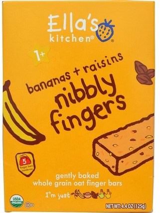 Nibbly Fingers, Bananas + Raisins, 5 Bars, 4.4 oz (8 g) Each by Ellas Kitchen, 兒童健康，嬰兒餵養，嬰兒零食和手指食品，出牙餅乾餅乾，兒童食品 HK 香港