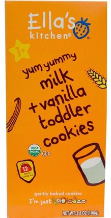 Toddler Cookies, Milk + Vanilla, 12 Packs, 9 g Each by Ellas Kitchen, 兒童健康，嬰兒餵養，嬰兒零食和手指食品，出牙餅乾餅乾，兒童食品 HK 香港