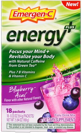 Energy Plus, Blueberry Acai, 18 Packets, 0.33 oz (9.4 g) Each by Emergen-C, 維生素，維生素c HK 香港