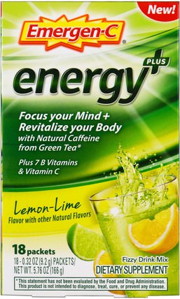 Energy Plus, Lemon Lime, 18 Packets, 0.32 oz (9.2 g ) Each by Emergen-C, 維生素，維生素c HK 香港