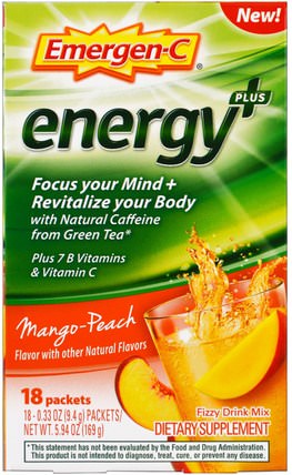 Energy Plus, Peach Mango, 18 Packets, 0.33 oz (9.4 g) Each by Emergen-C, 維生素，維生素c HK 香港