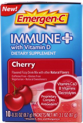 Immune Plus with Vitamin D, Cherry, 10 Packets, 0.31 oz (8.7 g) Each by Emergen-C, 維生素，維生素D3 HK 香港