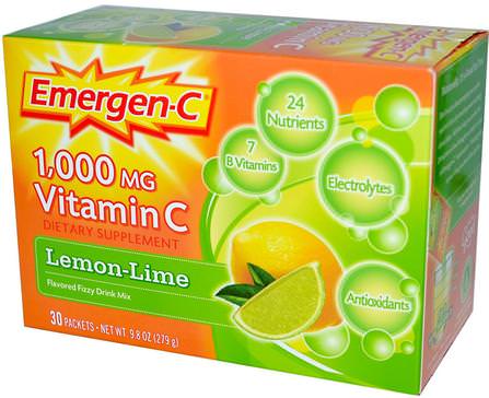 Vitamin C, Flavored Fizzy Drink Mix, Lemon-Lime, 1.000 mg, 30 Packets, 9.3 g Each by Emergen-C, 維生素，維生素c HK 香港