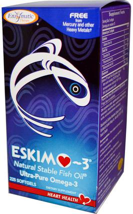 Eskimo-3, Natural Stable Fish Oil, 225 Softgels by Enzymatic Therapy, 補充劑，efa omega 3 6 9（epa dha），魚油 HK 香港