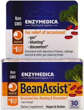 BeanAssist, 30 Capsules by Enzymedica, 補充劑，酶 HK 香港