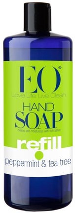 Hand Soap, Refill, Peppermint & Tea Tree, 32 fl oz (960 ml) by EO Products, 洗澡，美容，肥皂，筆芯 HK 香港
