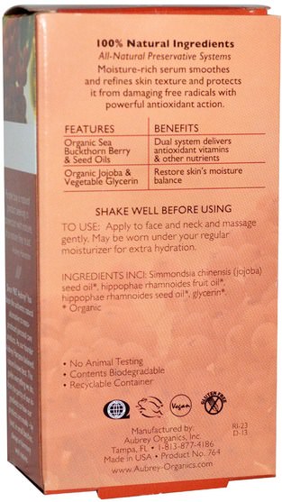 酯-c面部護理，健康，皮膚精華，沙棘美容 - Aubrey Organics, Age Defying Therapy Serum, 0.33 fl oz (10 ml)