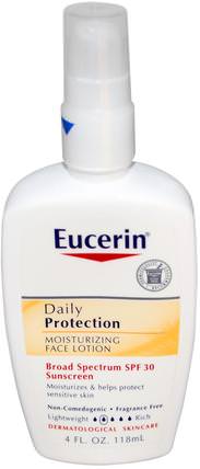 Daily Protection Moisturizing Face Lotion, Sunscreen SPF 30, Fragrance Free, 4 fl oz (118 ml) by Eucerin, 洗澡，美容，防曬霜，spf 30-45，eucerin面部護理 HK 香港