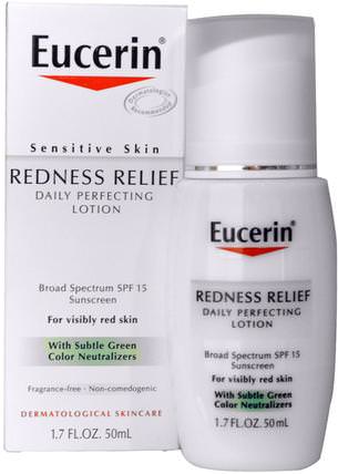 Redness Relief, Daily Perfecting Lotion SPF 15, Fragrance Free, 1.7 fl oz (50 ml) by Eucerin, 洗澡，美容，防曬霜，spf 05-25，eucerin面部護理 HK 香港