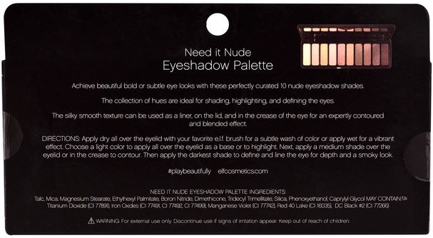 眼睛 - E.L.F. Cosmetics, Eyeshadow Palette, Need It Nude, 0.49 oz (14 g)