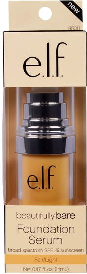 面對 - E.L.F. Cosmetics, Beautifully Bare Foundation Serum, Broad Spectrum SPF 25 Sunscreen, Fair/Light, 0.47 fl oz (14 ml)