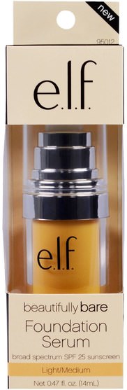 面對 - E.L.F. Cosmetics, Beautifully Bare Foundation Serum, Broad Spectrum SPF 25 Sunscreen, Light/Medium, 0.47 fl (14 ml)