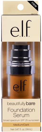 面對 - E.L.F. Cosmetics, Beautifully Bare Foundation Serum, Broad Spectrum SPF 25 Sunscreen, Medium/Dark, 0.47 fl oz (14 ml)