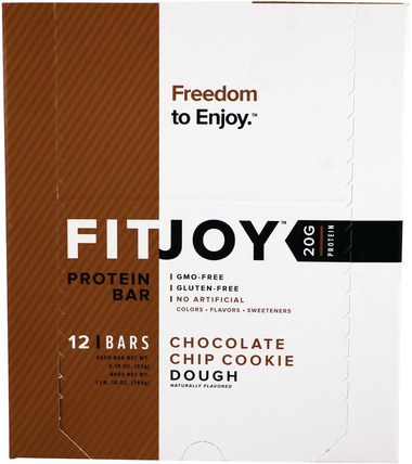 Protein Bar, Chocolate Chip Cookie Dough, 12 Bars, 2.18 oz (62 g) Each by FITJOY, 運動，蛋白質棒 HK 香港