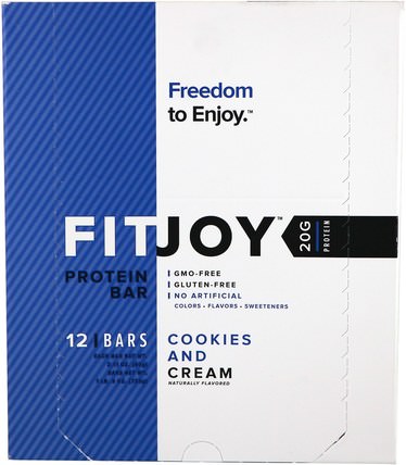 Protein Bar, Cookies and Cream, 12 Bars, 2.11 oz (60 g) Each by FITJOY, 運動，蛋白質棒 HK 香港