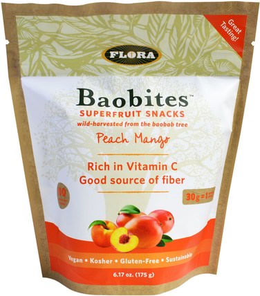 Baobites Superfruit Snacks, Peach Mango, 6.17 oz (175 g) by Flora, 食物，小吃，水果提取物，超級水果 HK 香港
