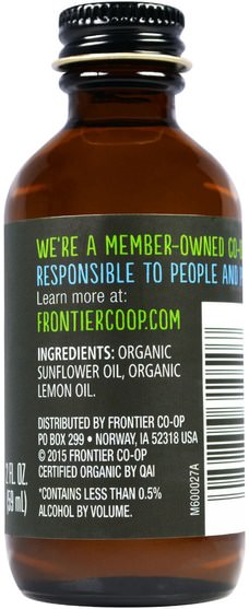 食品，烘焙助劑，甜味劑 - Frontier Natural Products, Organic Lemon Flavor, Non-Alcoholic, 2 fl oz (59 ml)